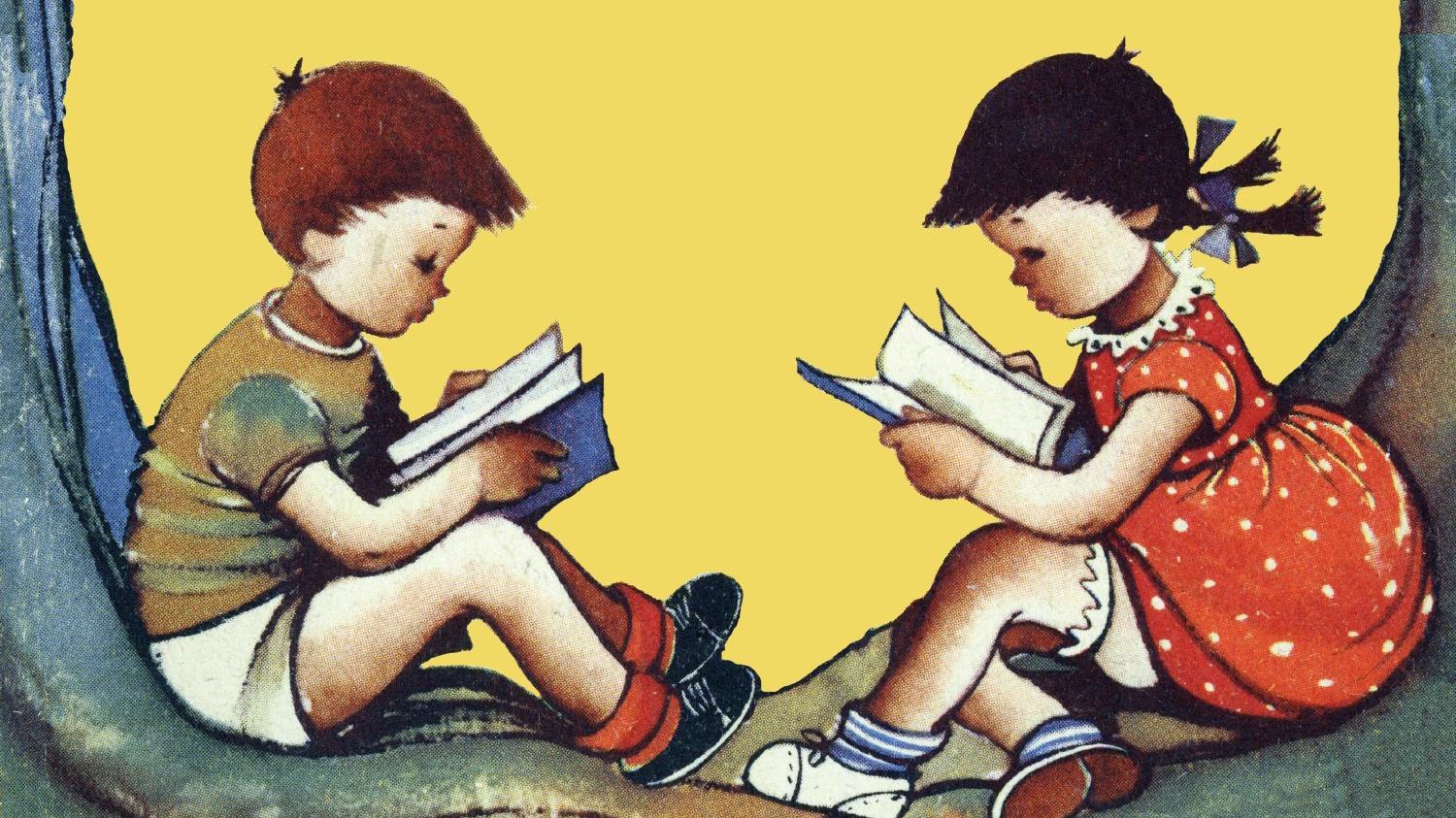 Ilustración de Elena Poirier. un niño y una niña leen sentados a los pies de dos árboles.