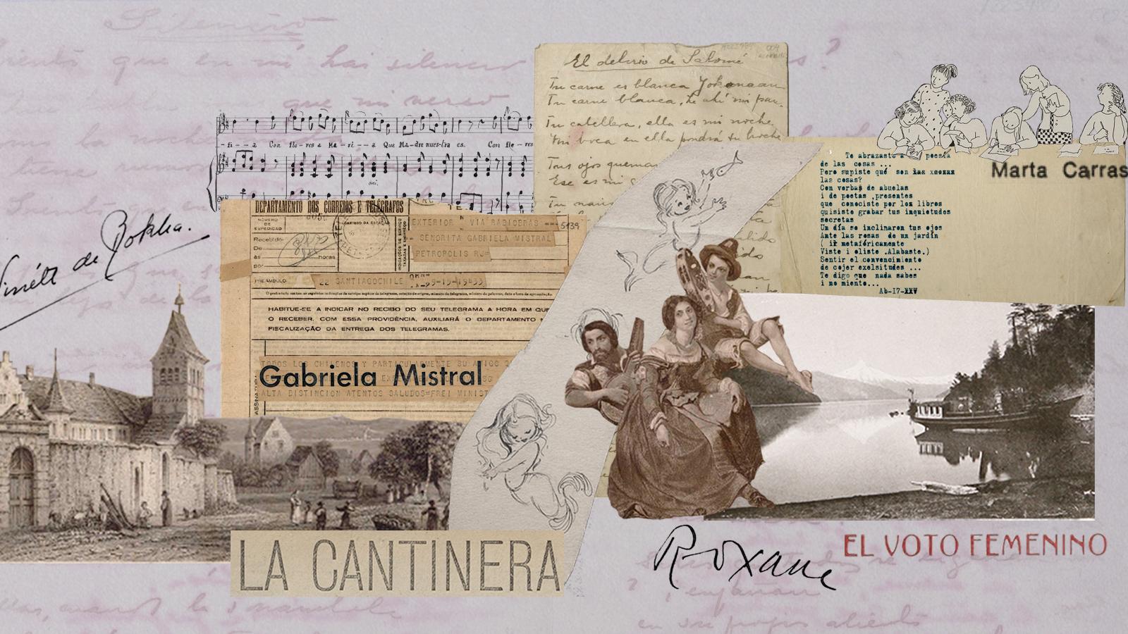 Collage con elementos gráficos provenientes de digitalizaciones de Memoria Chilena, Chile para Niños y Biblioteca Nacional Digital.