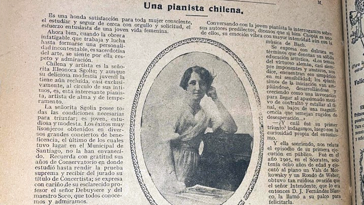Imagen: Revista "Sucesos", n°830, 8 de agosto de 1918, nota de Clary a la pianista Eleonora Sgolia.
