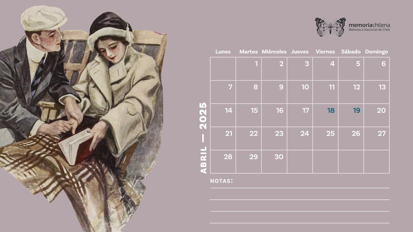 Calendario descargable de Memoria Chilena del mes de abril con ilustración de la revista Zig-Zag de 1917.