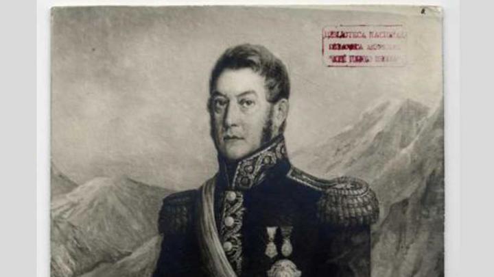 General José de San Martín, retrato de cuerpo entero parado, con uniforme. Sala Medina. Año 1937.