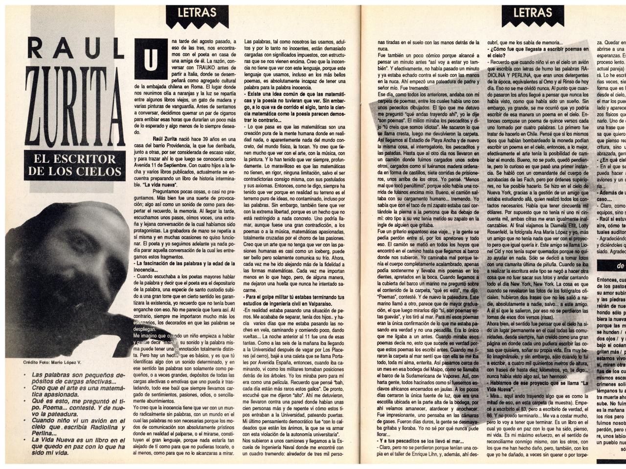 Raúl Zurita, el escritor de los cielos (entrevista-columna, sección letras), nº28