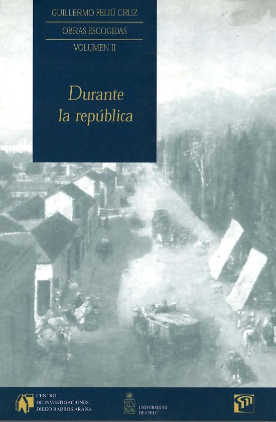 Durante la república Tapa en tonos azules con imagen de una ciudad del siglo XIX chilena