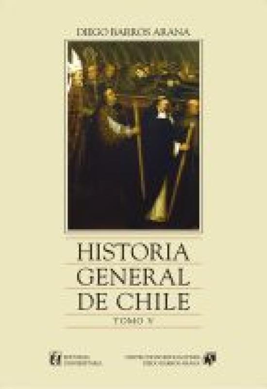 Historia general de Chile. Tomo V Tapa amarilla con detalle de óleo