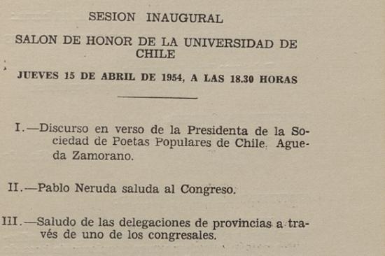 Recorte del programa de la sesión inaugural del Congreso de Poetas Populares de Chile, 15 al 18 de abril de 1954. 