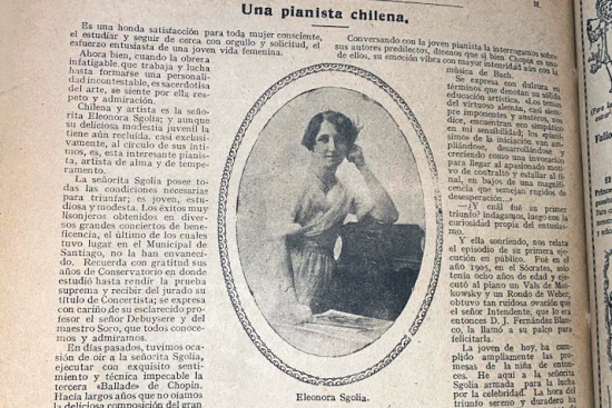 Imagen: Revista "Sucesos", n°830, 8 de agosto de 1918, nota de Clary a la pianista Eleonora Sgolia. 