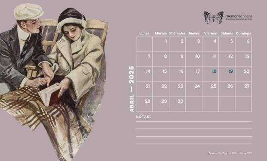 Calendario descargable de Memoria Chilena del mes de abril con ilustración de la revista Zig-Zag de 1917. 