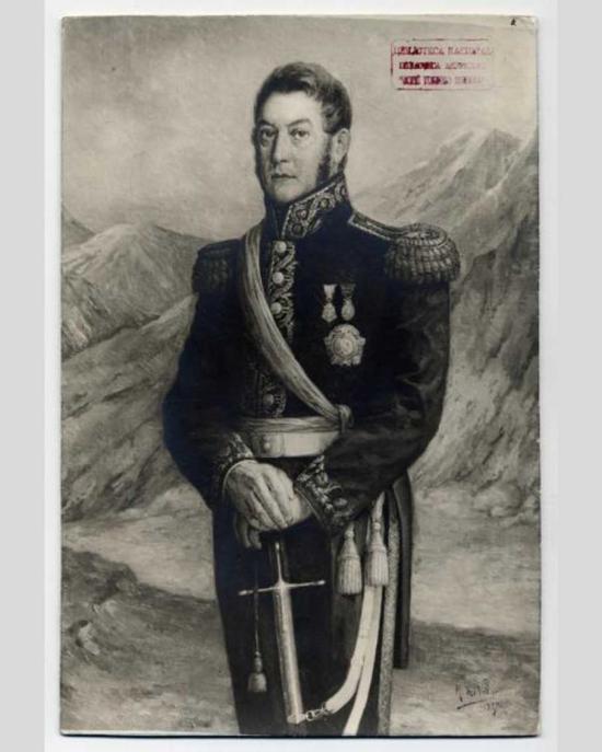 General José de San Martín, retrato de cuerpo entero parado, con uniforme. Sala Medina. Año 1937.