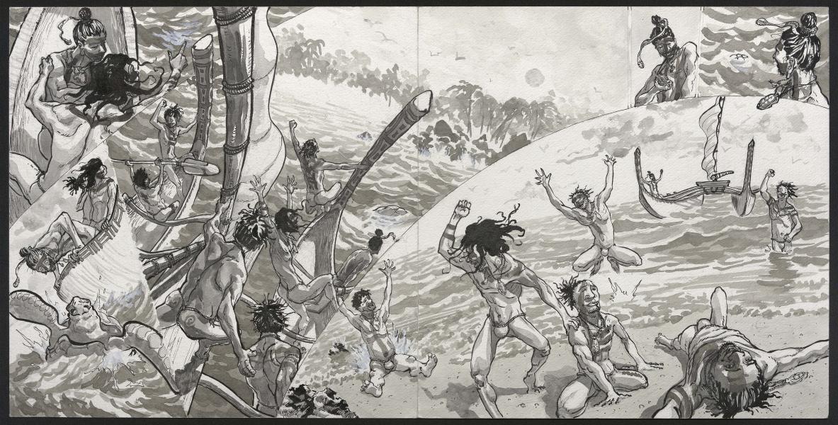 Una segunda expedición de siete navegantes arriba a Rapa Nui e inmediatamente celebran su hazaña