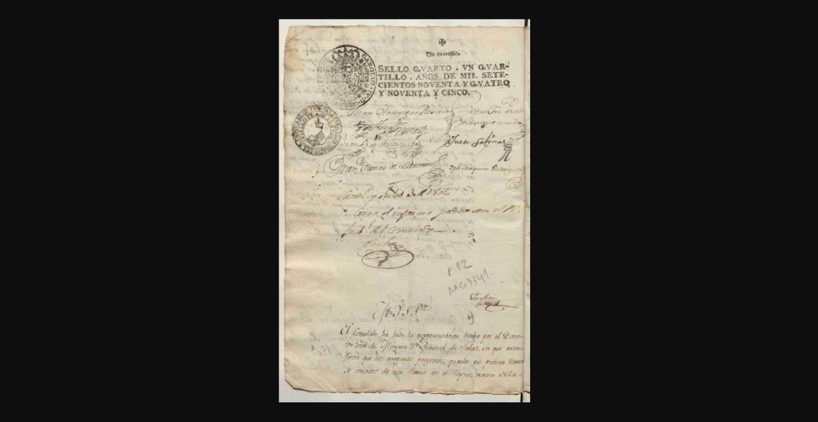 Respuesta a la representación realizada al Consulado por Manuel de Salas sobre el progreso de la minería en Chile Manuscrito de autoría de Manuel de Salas, incluye sello real,  MC0077526.